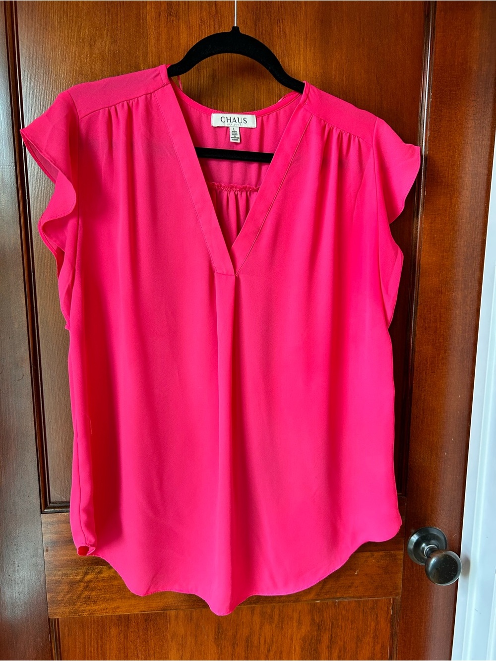 Chaus Hot Pink V-Neck Flutter Sleeve Blouse